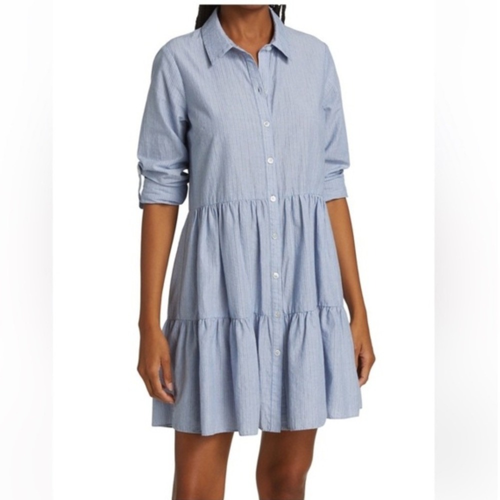 Veronica Beard Jeans Jemila Blue White Striped Tiered Cotton Mini Shirt Dress XS